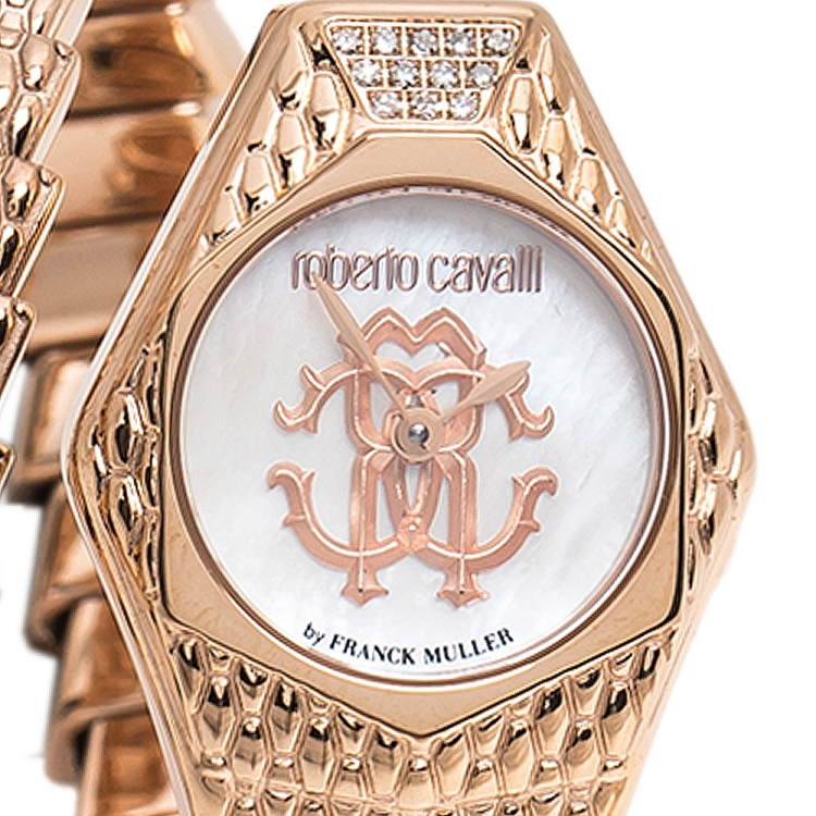 Pre Owned Roberto Cavalli By Franck Muller Mother Of Pearl Rose Gold Plated Stainless Steel Diamond Snake RV2L021M0051 Women's Wristwatch 23 mm