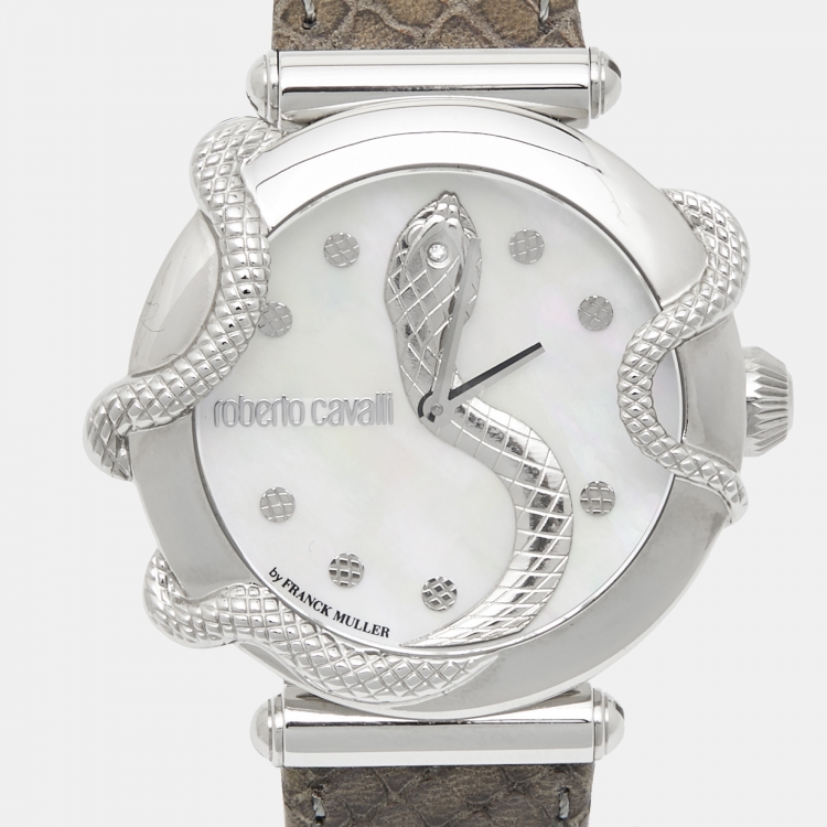 Pre Owned Roberto Cavalli by Franck Muller Mother of Pearl Stainless Steel Leather 2L020 Women's Wristwatch 35 mm