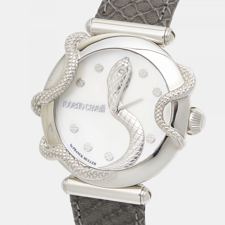 Pre Owned Roberto Cavalli by Franck Muller Mother of Pearl Stainless Steel Leather 2L020 Women's Wristwatch 35 mm