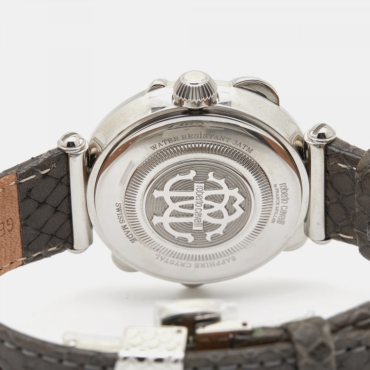 Pre Owned Roberto Cavalli by Franck Muller Mother of Pearl Stainless Steel Leather 2L020 Women's Wristwatch 35 mm