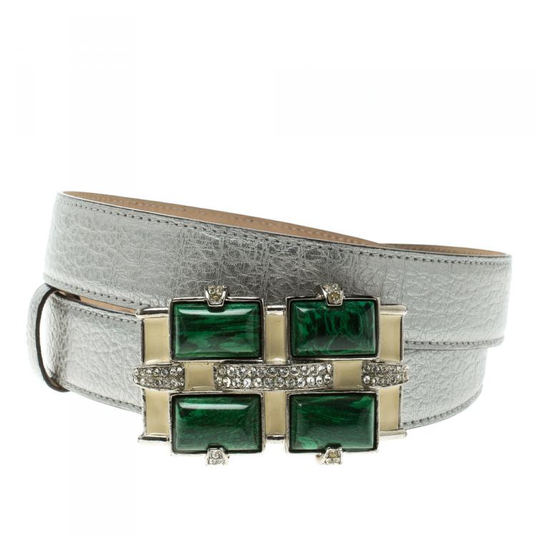 Pre Owned Roberto Cavalli Grey Leather Crystal Embellished Buckle Belt 85cm