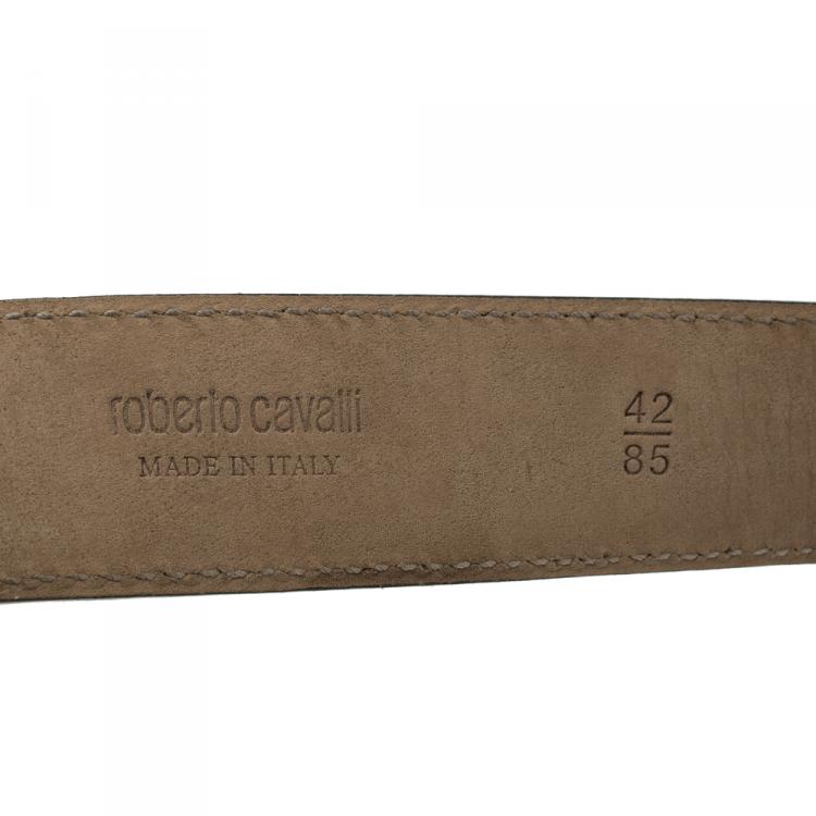 Pre Owned Roberto Cavalli Grey Leather Crystal Embellished Buckle Belt 85cm