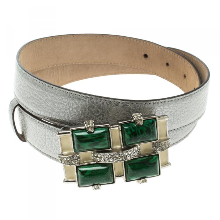 Pre Owned Roberto Cavalli Grey Leather Crystal Embellished Buckle Belt 85cm