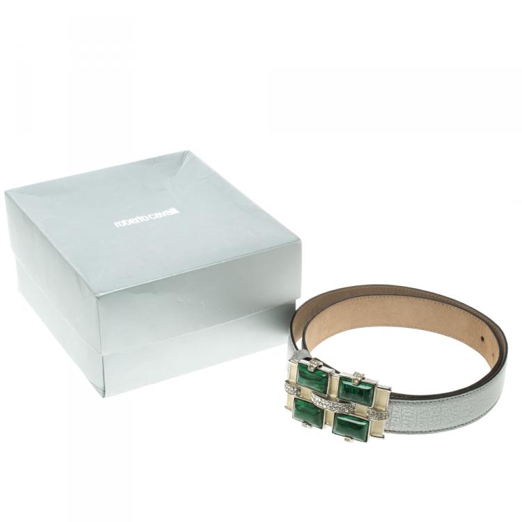 Pre Owned Roberto Cavalli Grey Leather Crystal Embellished Buckle Belt 85cm