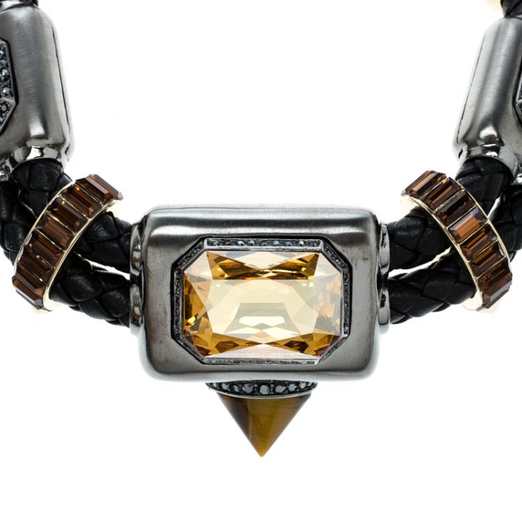 Pre Owned Roberto Cavalli Crystal Embellished Braided Leather Statement Choker Necklace