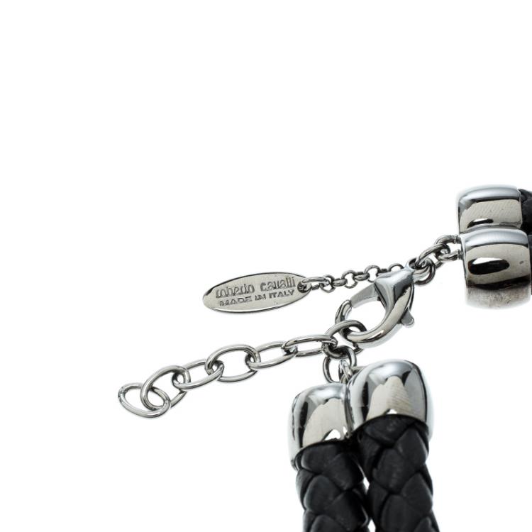 Pre Owned Roberto Cavalli Crystal Embellished Braided Leather Statement Choker Necklace