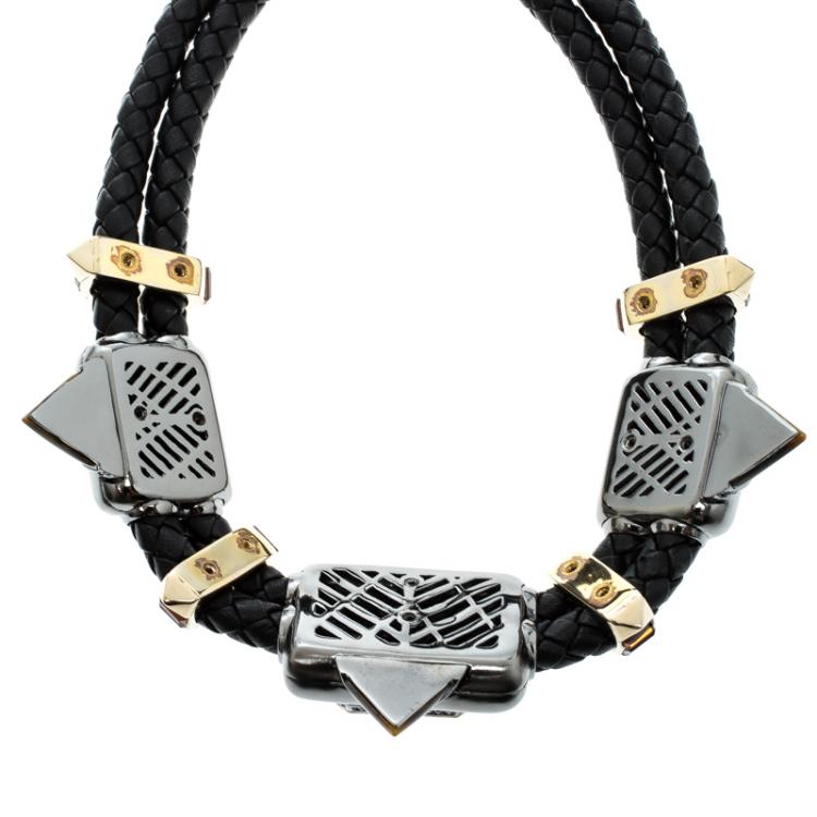 Pre Owned Roberto Cavalli Crystal Embellished Braided Leather Statement Choker Necklace