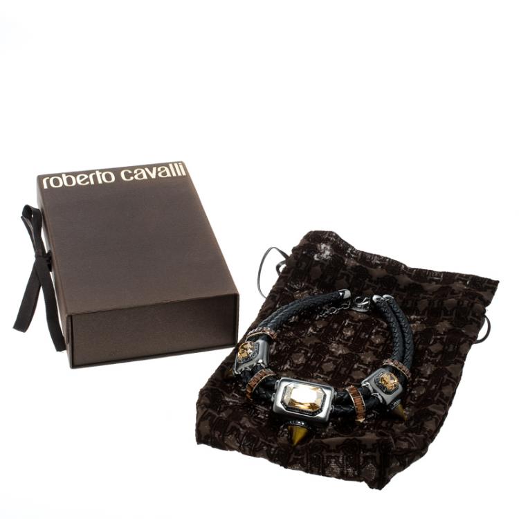 Pre Owned Roberto Cavalli Crystal Embellished Braided Leather Statement Choker Necklace