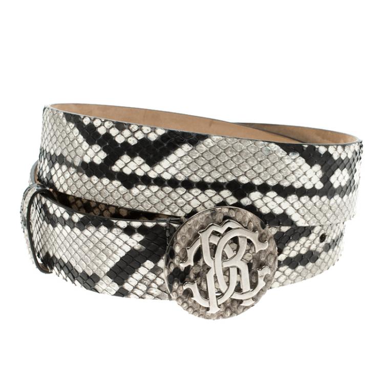 Pre Owned Roberto Cavalli Grey/Black Snakeskin Logo Buckle Belt 85CM