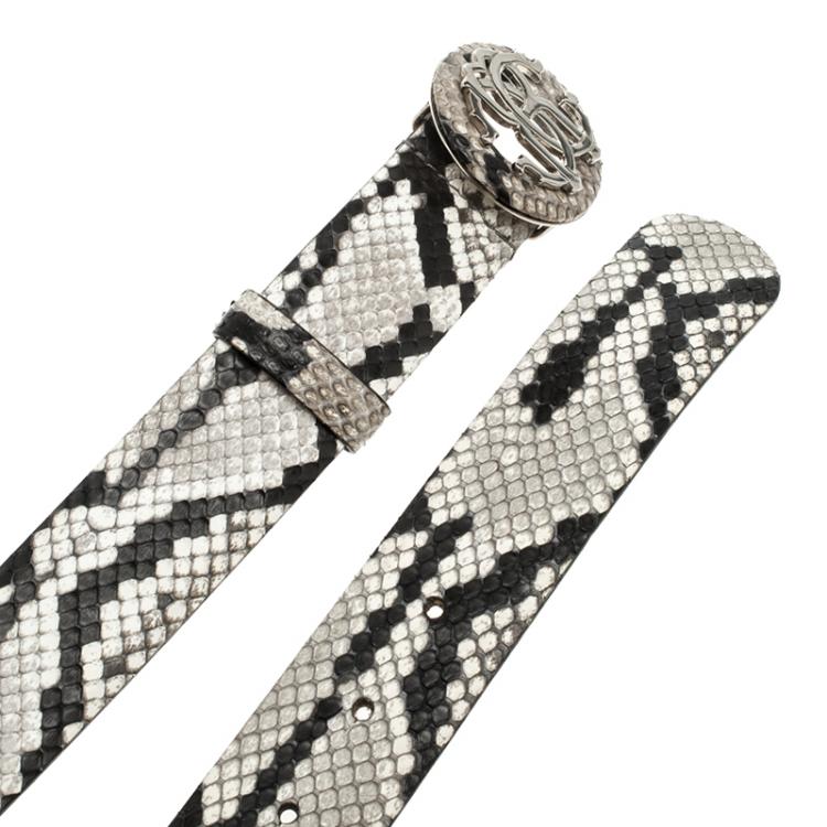 Pre Owned Roberto Cavalli Grey/Black Snakeskin Logo Buckle Belt 85CM