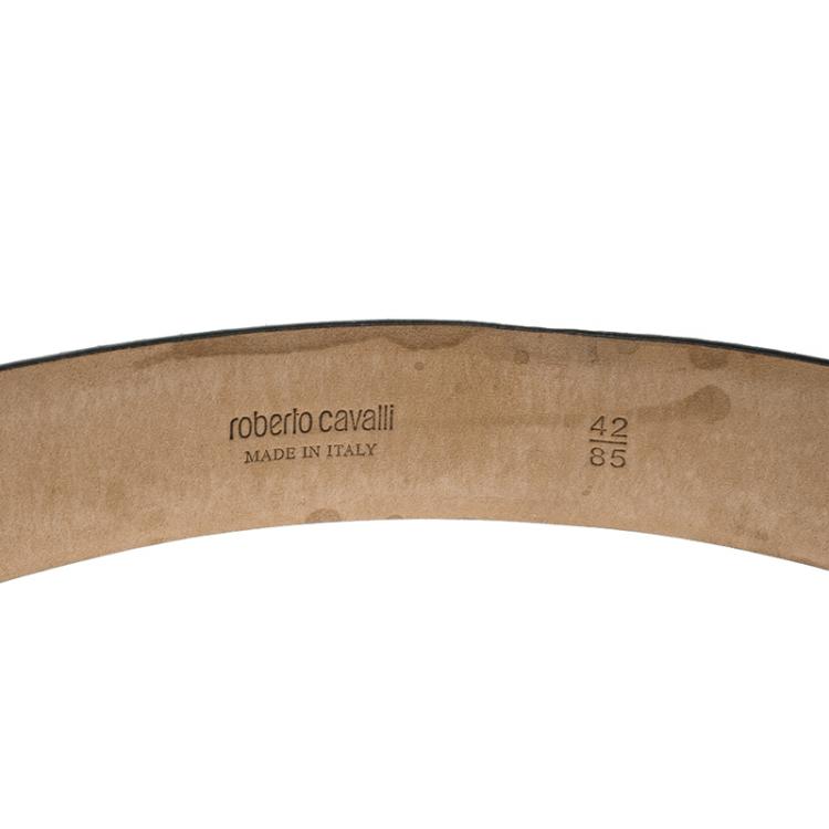 Pre Owned Roberto Cavalli Grey/Black Snakeskin Logo Buckle Belt 85CM