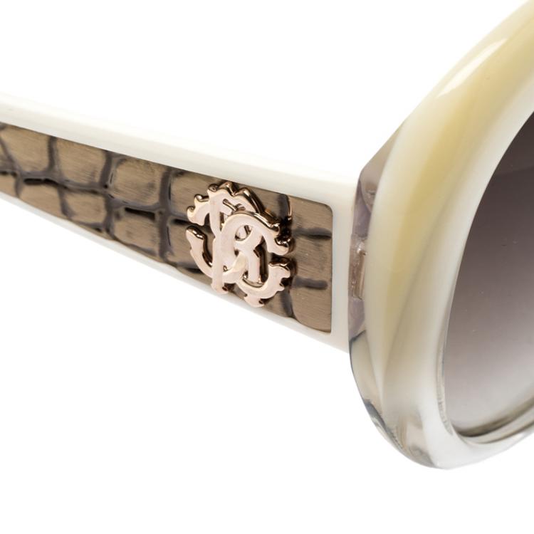 Pre Owned Roberto Cavalli Pearl/Brown 983S Tejat Round Sunglasses