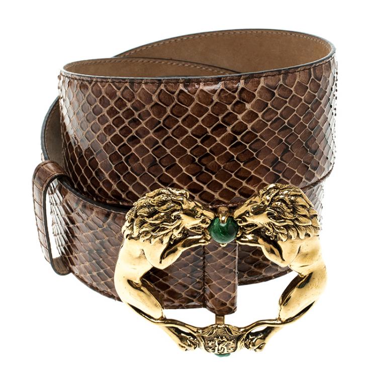 Pre Owned Roberto Cavalli Brown Python Lion Buckle Belt 90cm