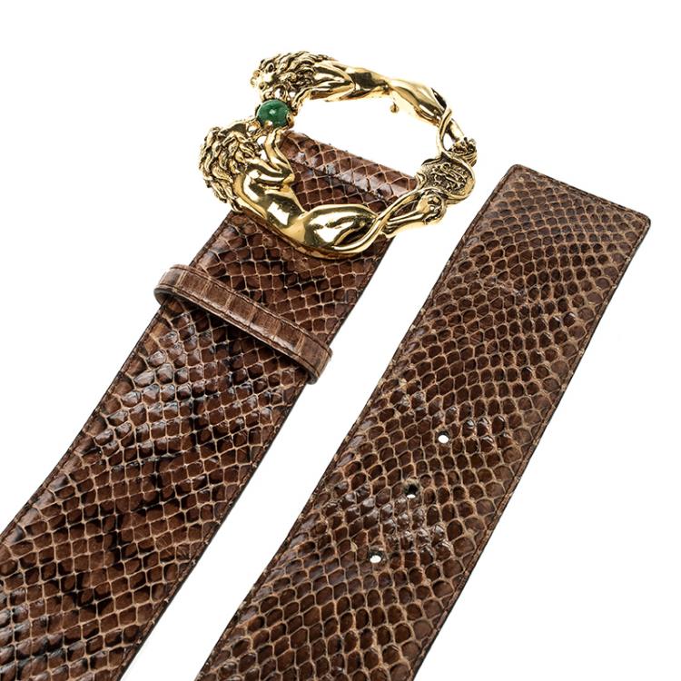 Pre Owned Roberto Cavalli Brown Python Lion Buckle Belt 90cm