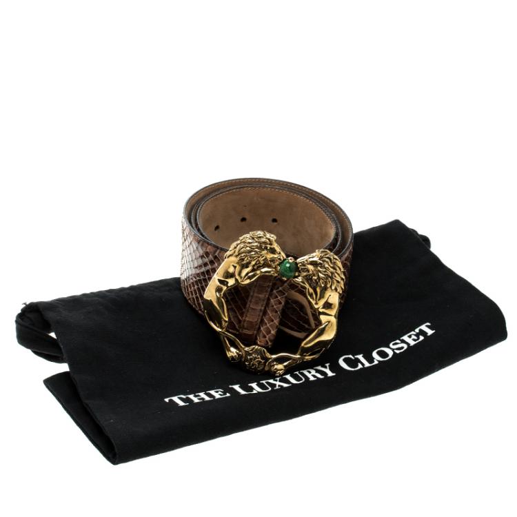 Pre Owned Roberto Cavalli Brown Python Lion Buckle Belt 90cm