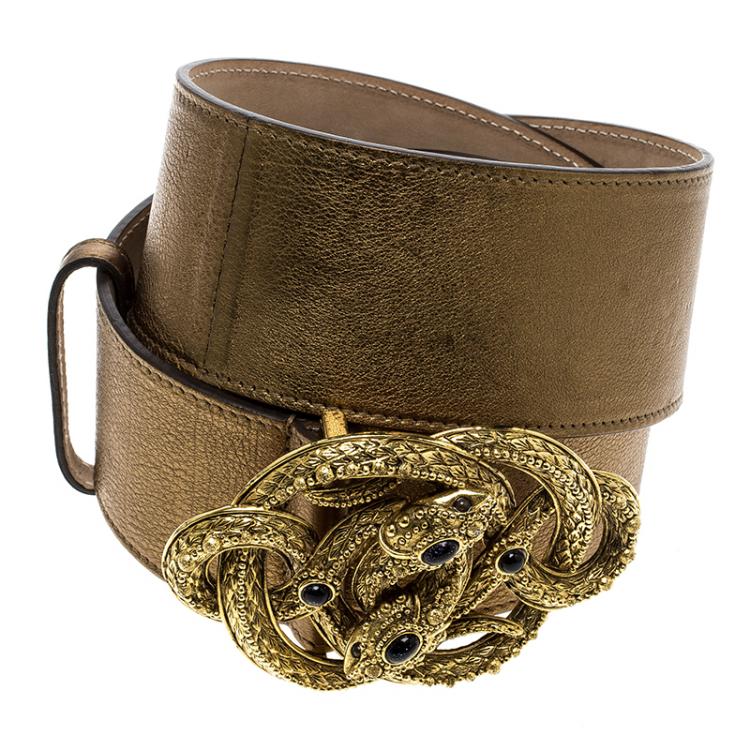 Pre Owned Roberto Cavalli Bronze Leather Serpent Buckle Belt 95cm