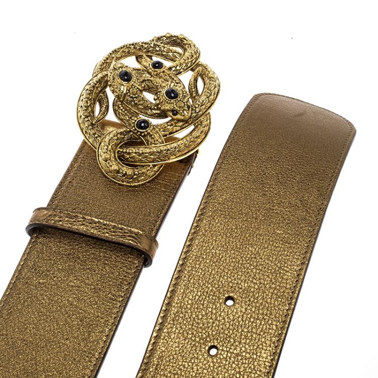 Pre Owned Roberto Cavalli Bronze Leather Serpent Buckle Belt 95cm