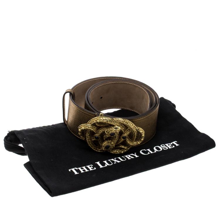Pre Owned Roberto Cavalli Bronze Leather Serpent Buckle Belt 95cm