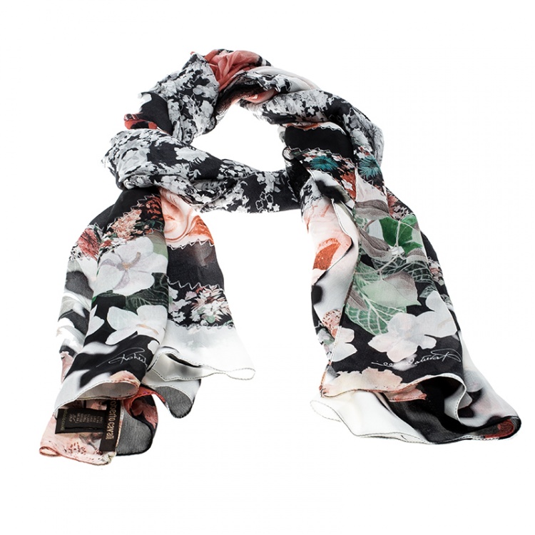 Pre Owned Roberto Cavalli Multicolour Floral Printed Silk Lace Insert Scarf