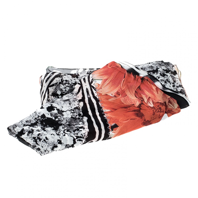 Pre Owned Roberto Cavalli Multicolour Floral Printed Silk Lace Insert Scarf