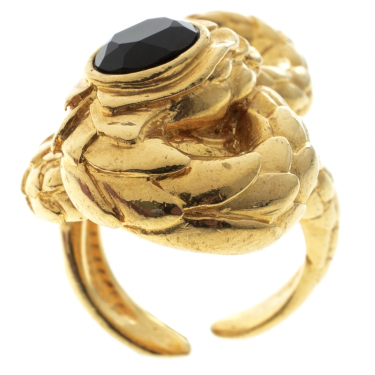 Pre Owned Roberto Cavalli Crystal Snake Gold Tone Adjustable Cocktail Ring Size 53