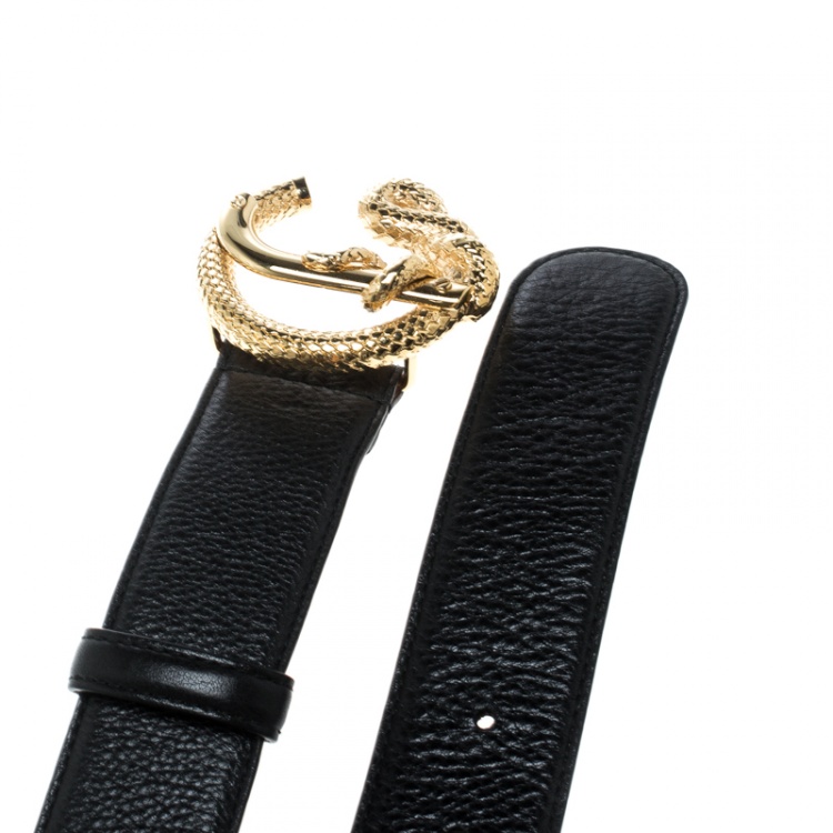 Pre Owned Roberto Cavalli Black Leather Snake Buckle Belt 80cm