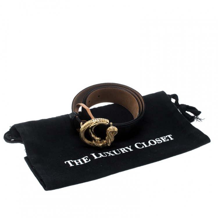 Pre Owned Roberto Cavalli Black Leather Snake Buckle Belt 80cm