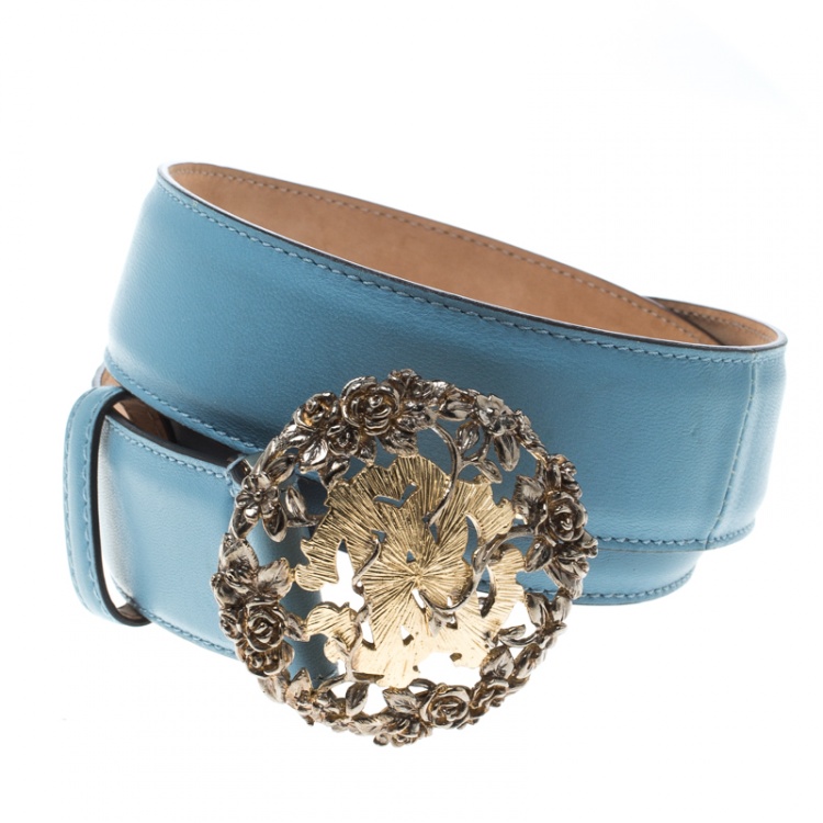 Pre Owned Roberto Cavalli Sky Blue Leather Logo Belt 75cm