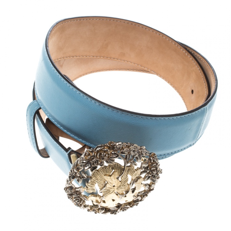Pre Owned Roberto Cavalli Sky Blue Leather Logo Belt 75cm