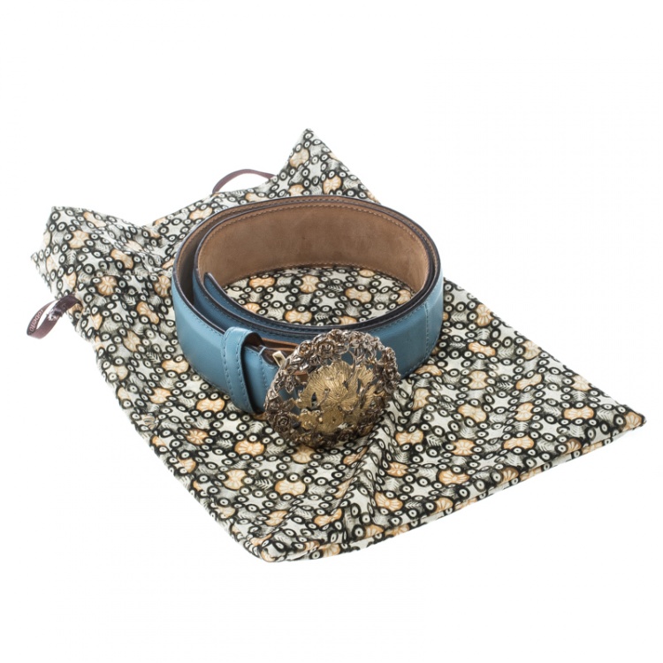 Pre Owned Roberto Cavalli Sky Blue Leather Logo Belt 75cm