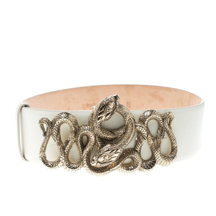 Pre Owned Roberto Cavalli Off White Leather Serpenti Buckle Belt 70cm