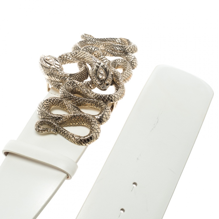 Pre Owned Roberto Cavalli Off White Leather Serpenti Buckle Belt 70cm