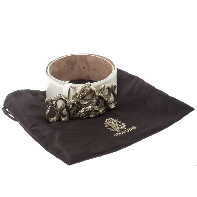 Pre Owned Roberto Cavalli Off White Leather Serpenti Buckle Belt 70cm