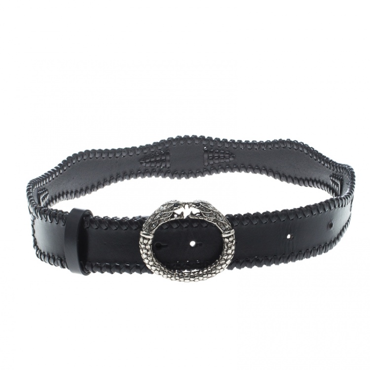 Pre Owned Roberto Cavalli Black Leather Braided Serpent Buckle Belt 85cm