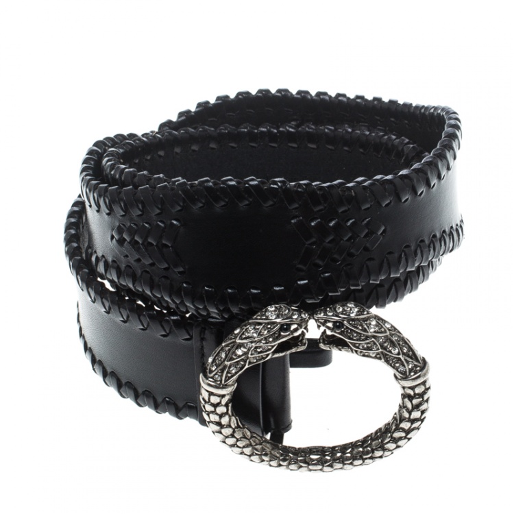 Pre Owned Roberto Cavalli Black Leather Braided Serpent Buckle Belt 85cm