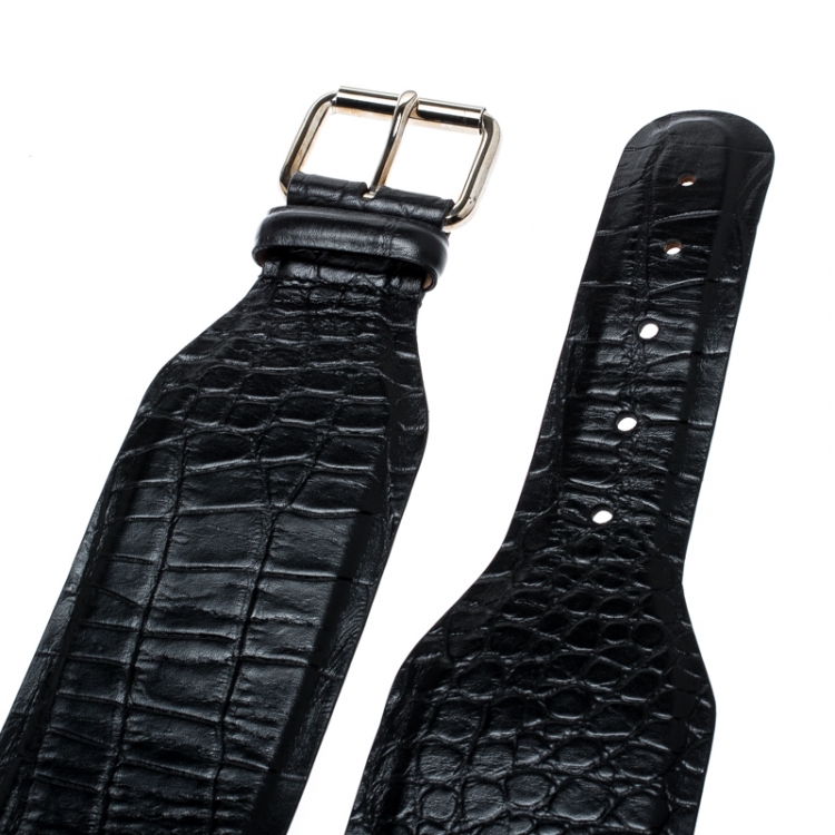 Pre Owned Roberto Cavalli Black Python Embossed Leather Waist Belt 90CM