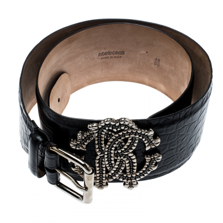 Pre Owned Roberto Cavalli Black Python Embossed Leather Waist Belt 90CM