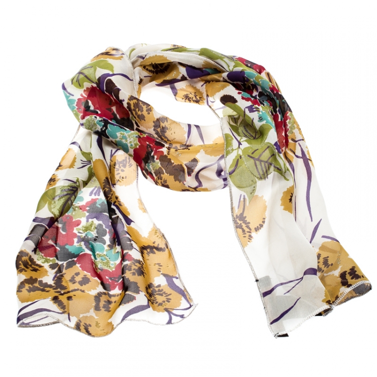 Pre Owned Roberto Cavalli Multicolor Glitter Floral Print Silk Chiffon Neck Scarf