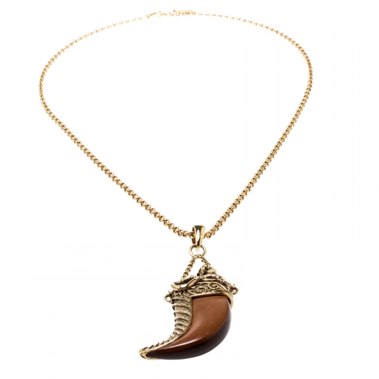 Pre Owned Roberto Cavalli Brown Leather Tooth Gold Tone Pendant Necklace