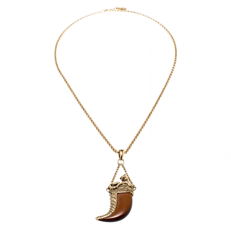 Pre Owned Roberto Cavalli Brown Leather Tooth Gold Tone Pendant Necklace