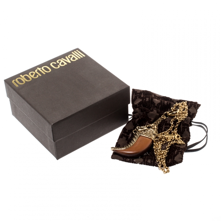 Pre Owned Roberto Cavalli Brown Leather Tooth Gold Tone Pendant Necklace