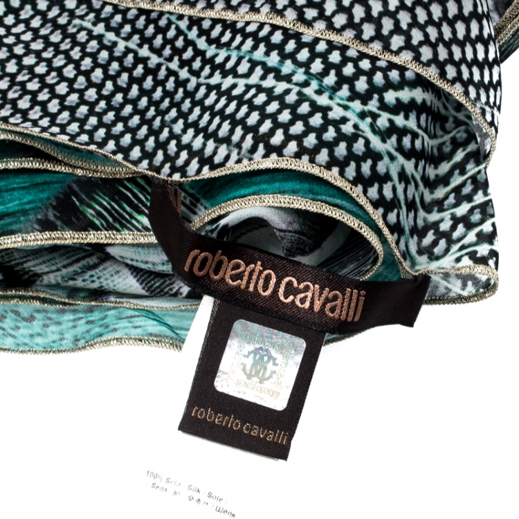 Pre Owned Roberto Cavalli Blue Feather Printed Silk Lurex Edged Scarf