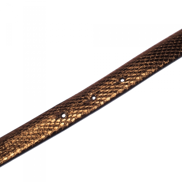 Pre Owned Roberto Cavalli Bronze Metallic Leather RC Buckle Belt 85CM