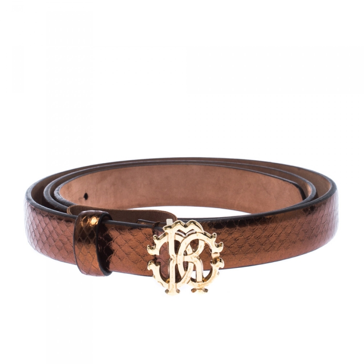Pre Owned Roberto Cavalli Bronze Metallic Leather RC Buckle Belt 85CM