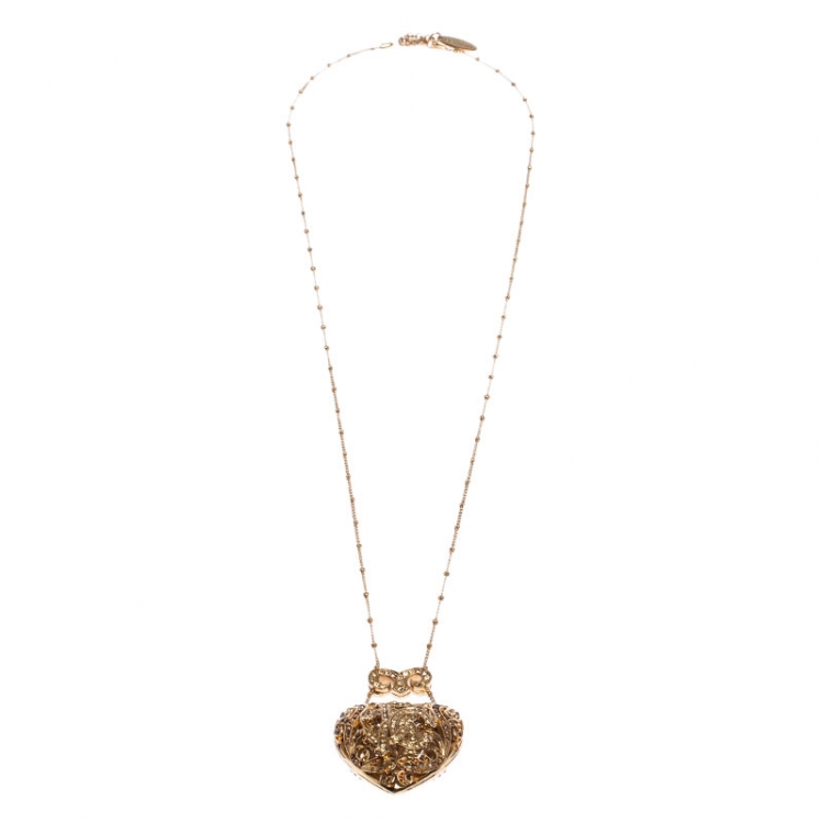 Pre Owned  Roberto Cavalli Signature Crystal Heart Pendant Gold Tone Necklace