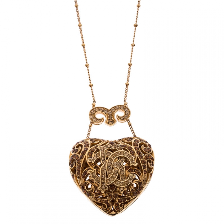 Roberto Cavalli Signature Crystal Heart Pendant Gold Tone Necklace ...