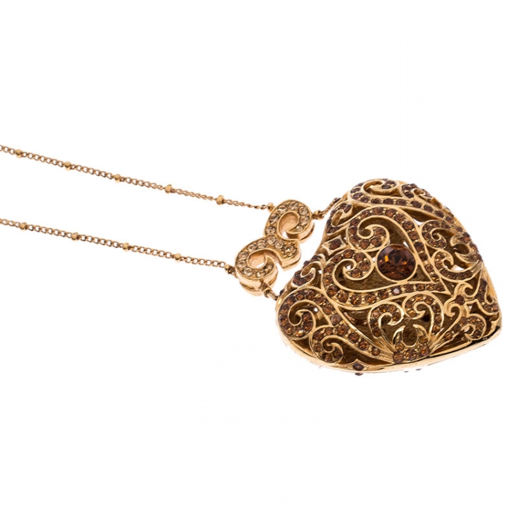 Roberto Cavalli Signature Crystal Heart Pendant Gold Tone Necklace ...