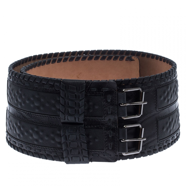 Pre Owned Roberto Cavalli Black Leather Waist Belt Size 85cm