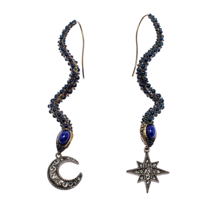 Pre Owned Roberto Cavalli Star & Moon Crystal Antique Gold Tone Long Snake Hook Earrings