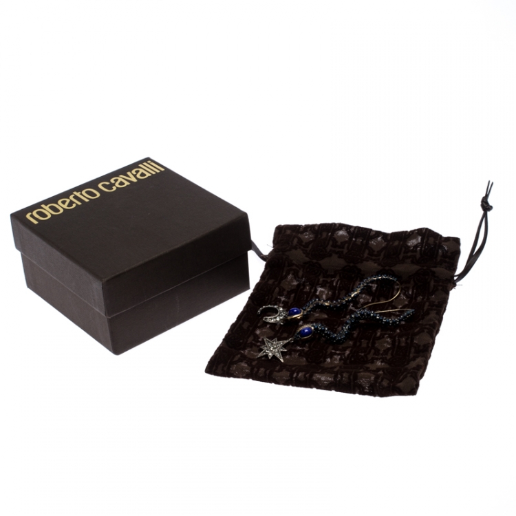 Pre Owned Roberto Cavalli Star & Moon Crystal Antique Gold Tone Long Snake Hook Earrings